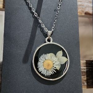Fleabane  in resin handmade necklace on 18 inch plated silver chain